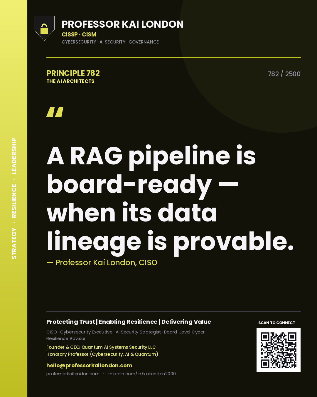 Quote card by Professor Kai London reading 'A RAG pipeline is board-ready — when its data lineage is provable.'. From the book The AI Architects.
