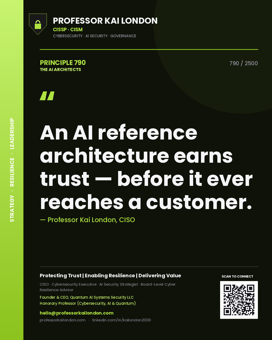 Quote card by Professor Kai London reading 'An AI reference architecture earns trust — before it ever reaches a customer.'. From the book The AI Architects.