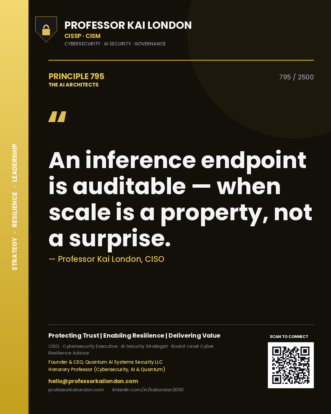 Quote card by Professor Kai London reading 'An inference endpoint is auditable — when scale is a property, not a surprise.'. From the book The AI Architects.