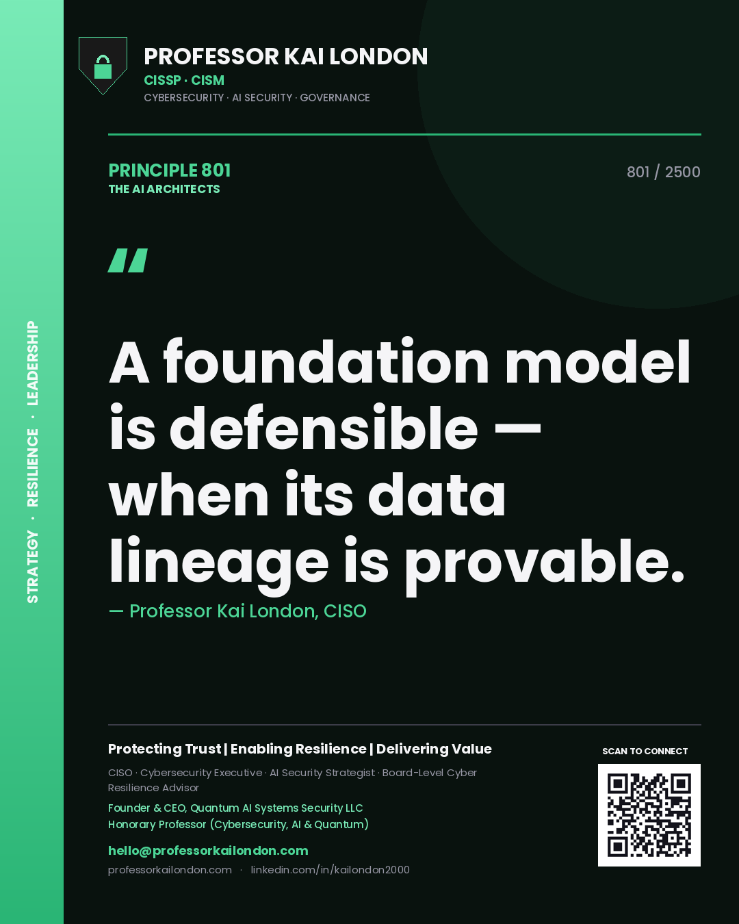 Quote card by Professor Kai London reading 'A foundation model is defensible — when its data lineage is provable.'. From the book The AI Architects.
