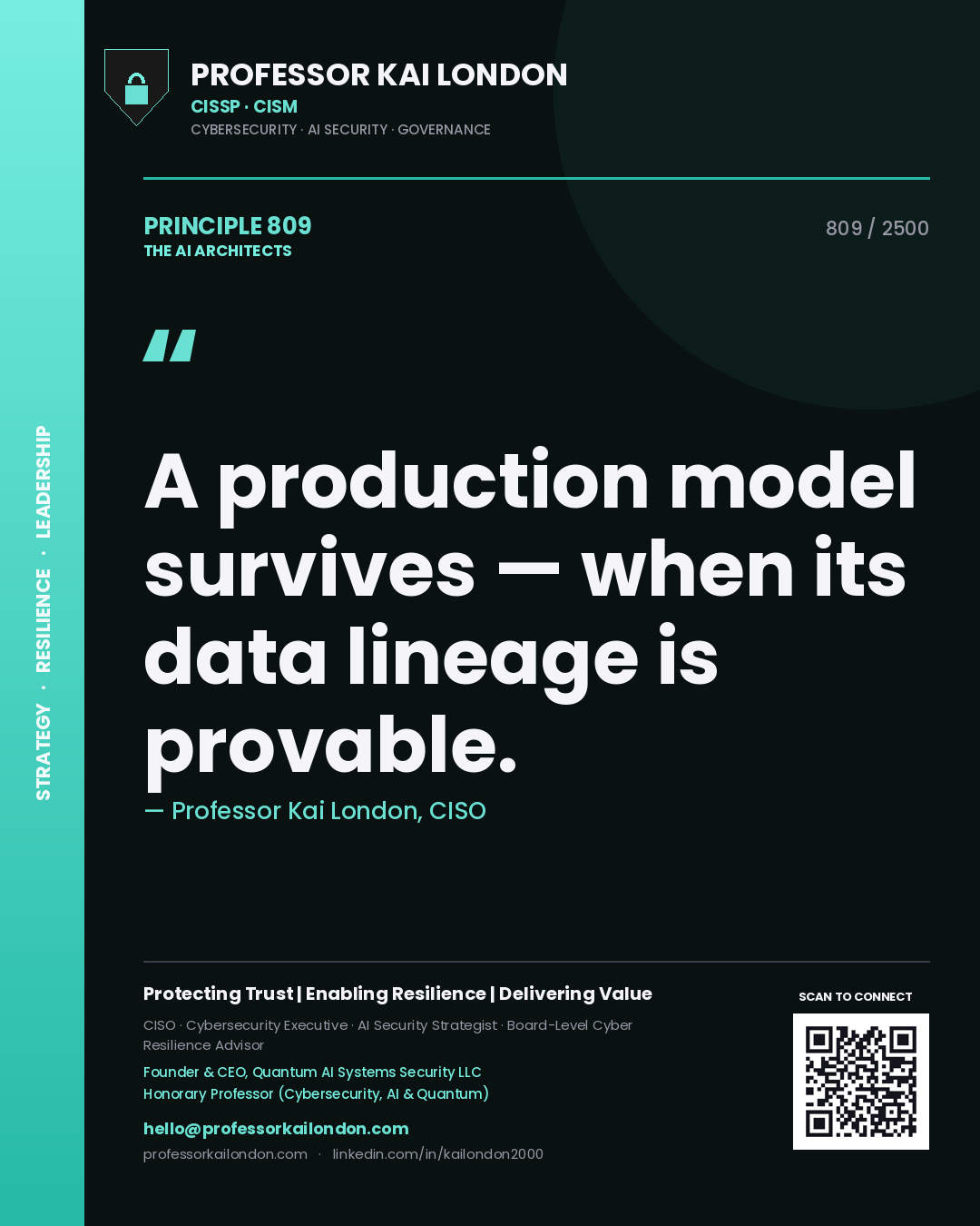 Quote card by Professor Kai London reading 'A production model survives — when its data lineage is provable.'. From the book The AI Architects.