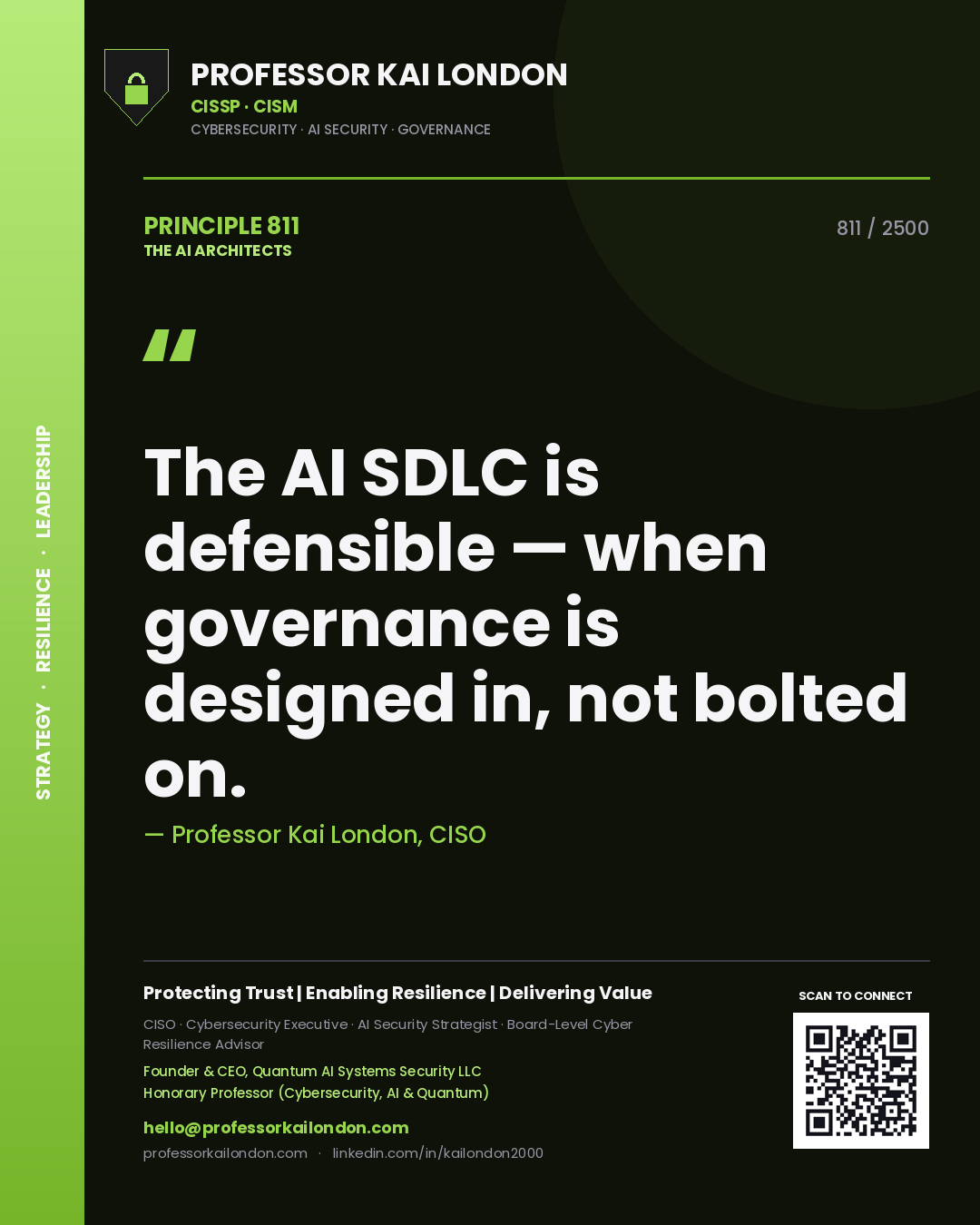 Quote card by Professor Kai London reading 'The AI SDLC is defensible — when governance is designed in, not bolted on.'. From the book The AI Architects.