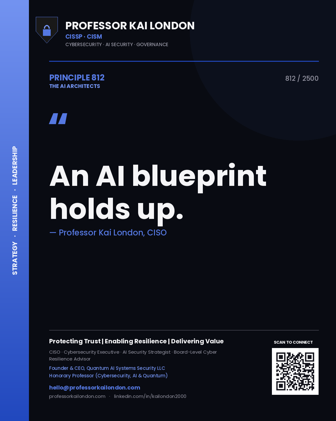 Quote card by Professor Kai London reading 'An AI blueprint holds up.'. From the book The AI Architects.