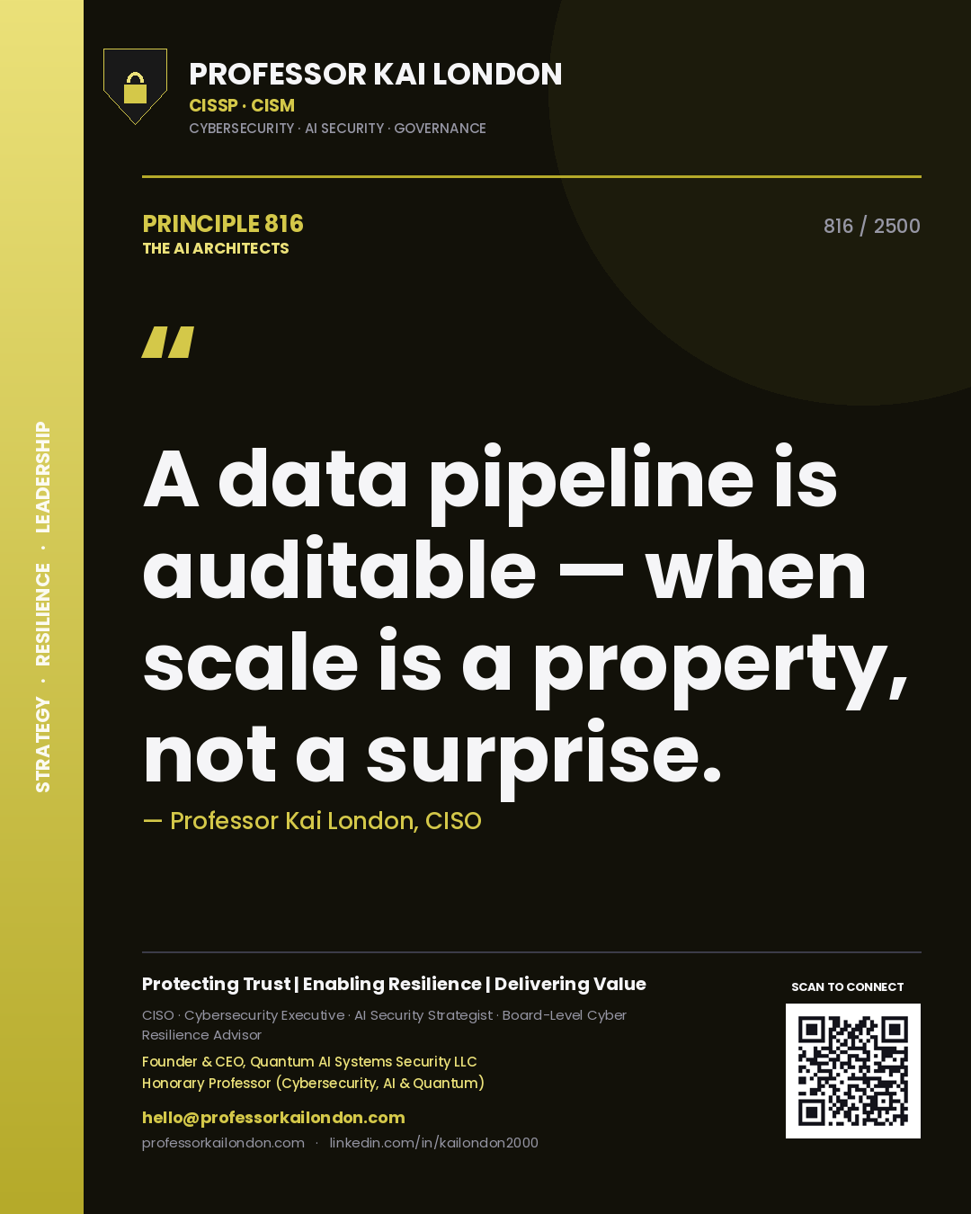 Quote card by Professor Kai London reading 'A data pipeline is auditable — when scale is a property, not a surprise.'. From the book The AI Architects.