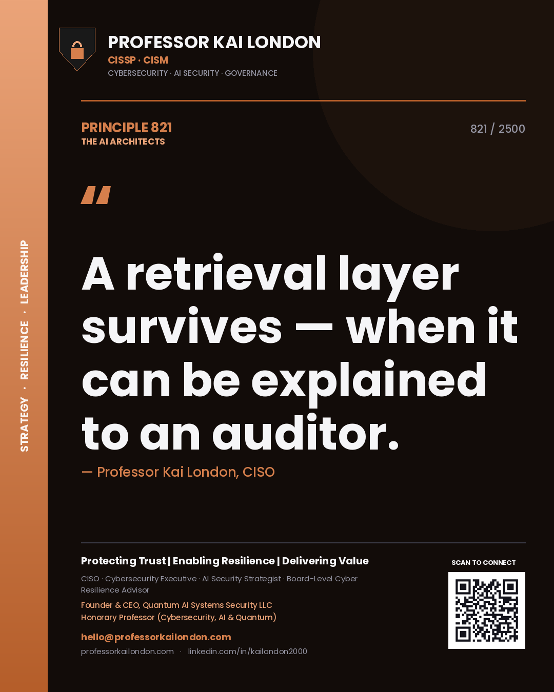 Quote card by Professor Kai London reading 'A retrieval layer survives — when it can be explained to an auditor.'. From the book The AI Architects.