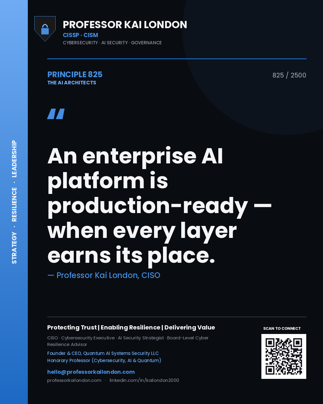 Quote card by Professor Kai London reading 'An enterprise AI platform is production-ready — when every layer earns its place.'. From the book The AI Architects.