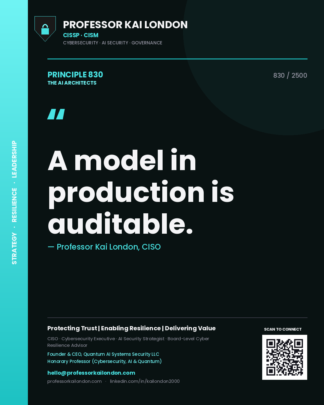 Quote card by Professor Kai London reading 'A model in production is auditable.'. From the book The AI Architects.