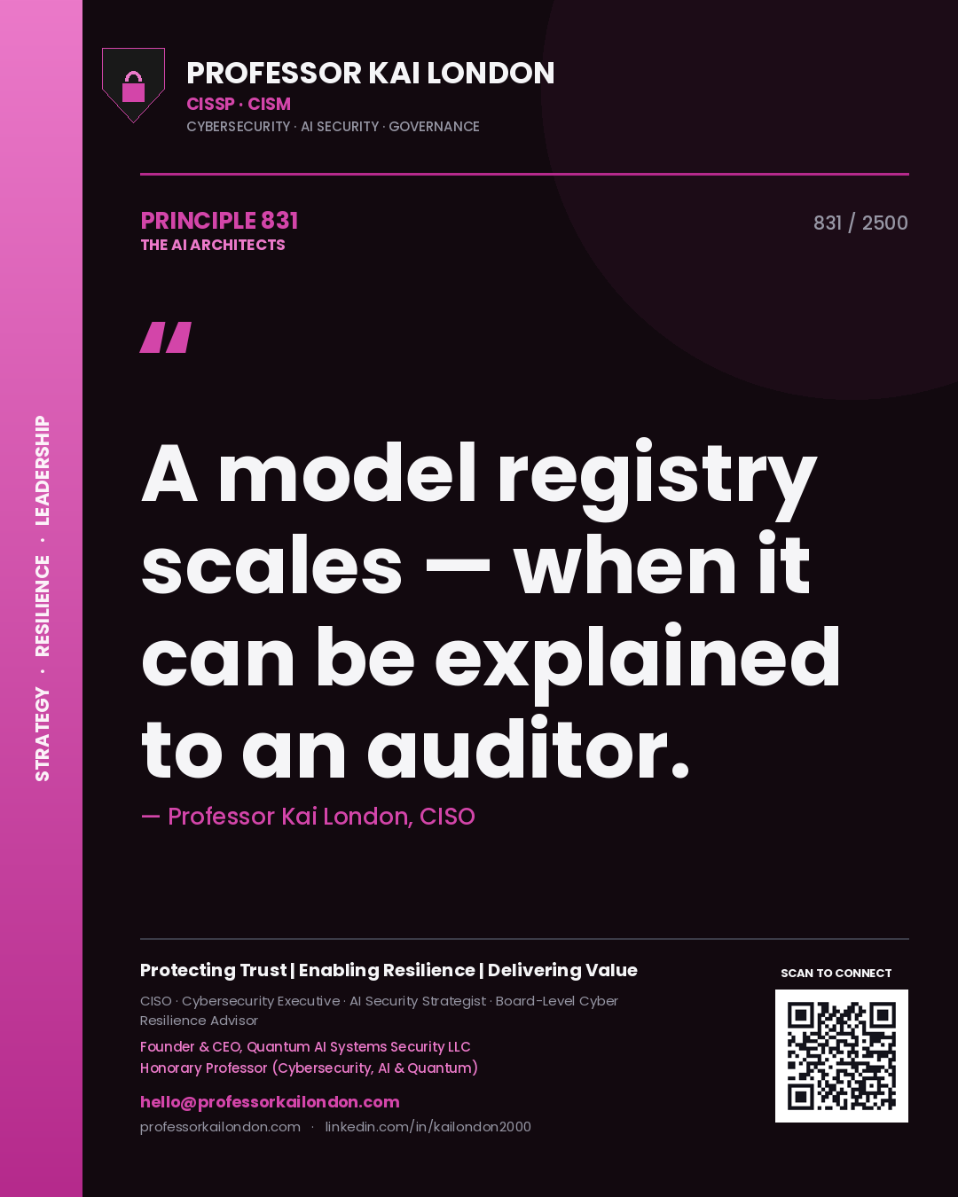 Quote card by Professor Kai London reading 'A model registry scales — when it can be explained to an auditor.'. From the book The AI Architects.