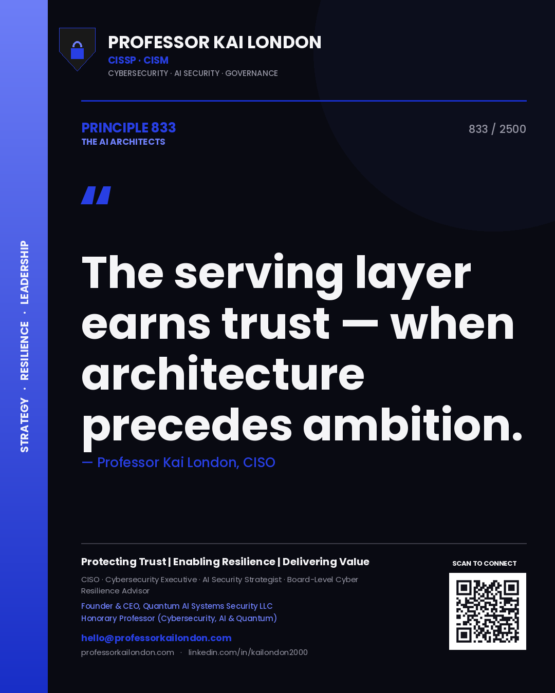 Quote card by Professor Kai London reading 'The serving layer earns trust — when architecture precedes ambition.'. From the book The AI Architects.