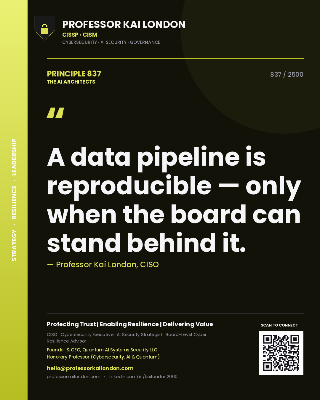 Quote card by Professor Kai London reading 'A data pipeline is reproducible — only when the board can stand behind it.'. From the book The AI Architects.
