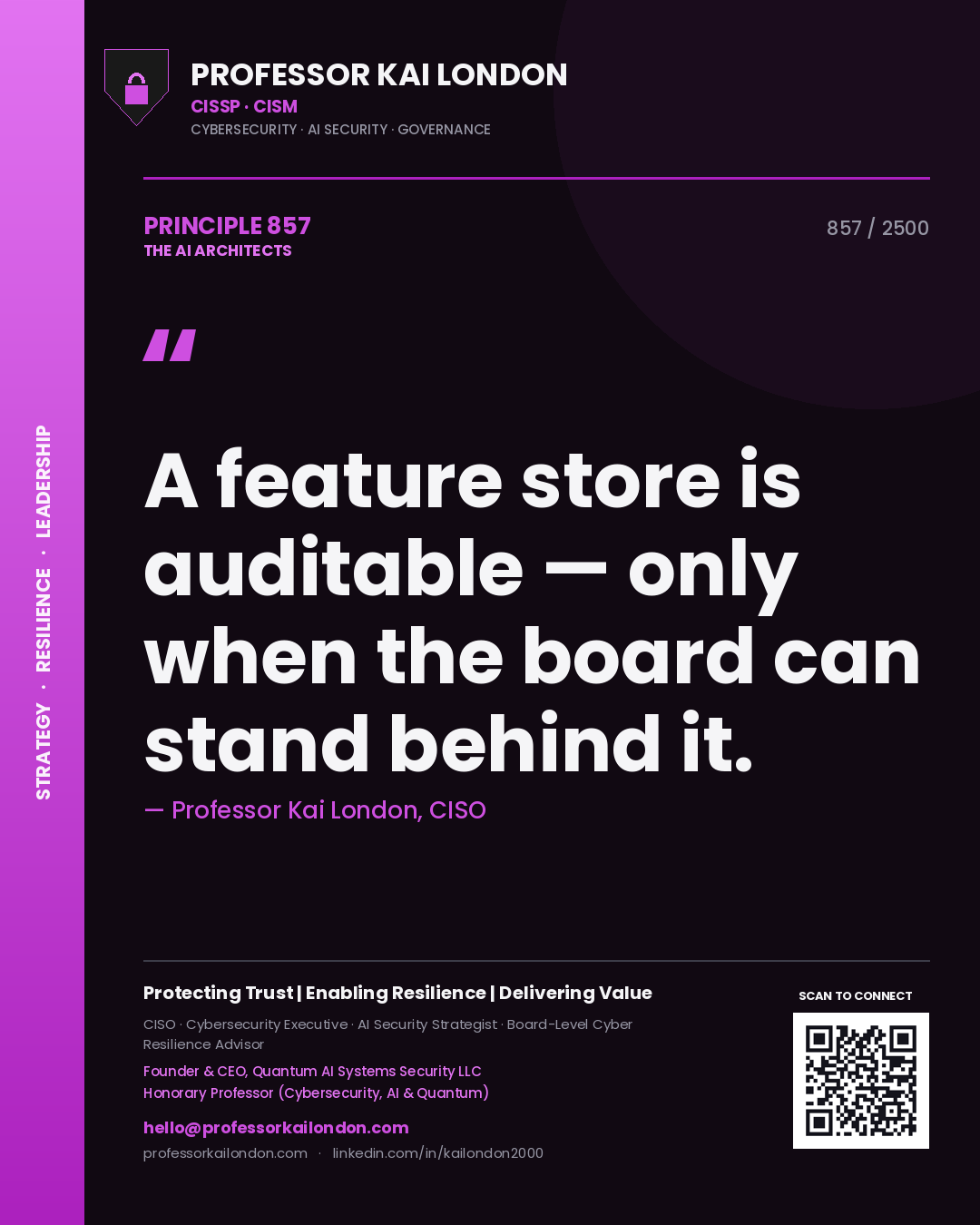Professor Kai London principle 857: A feature store is auditable — only when the board can stand behind it.