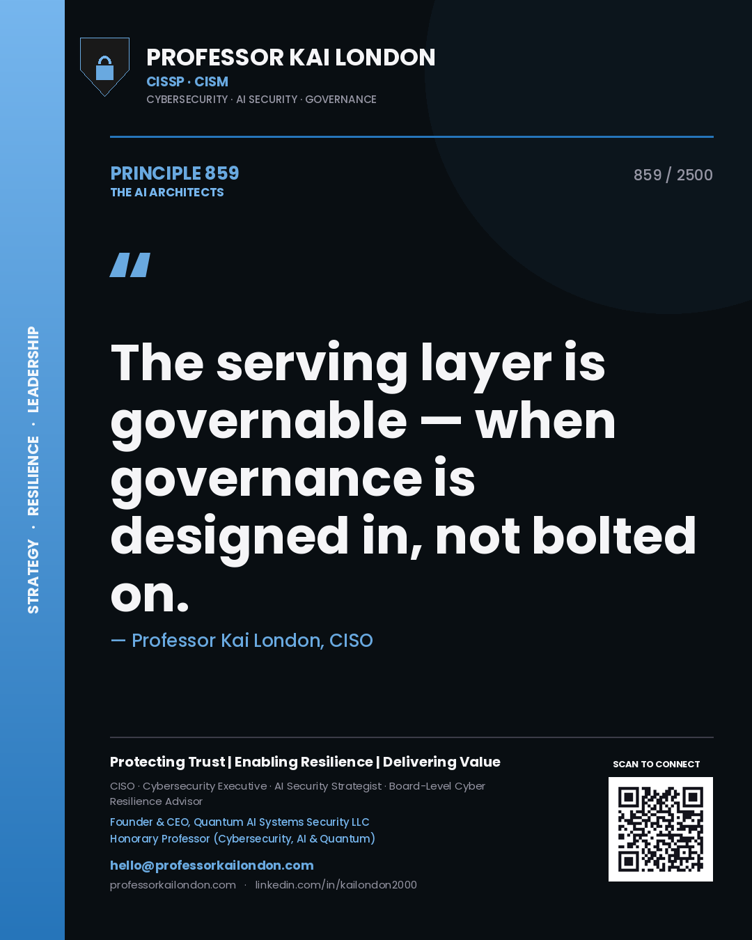Quote card by Professor Kai London reading 'The serving layer is governable — when governance is designed in, not bolted on.'. From the book The AI Architects.