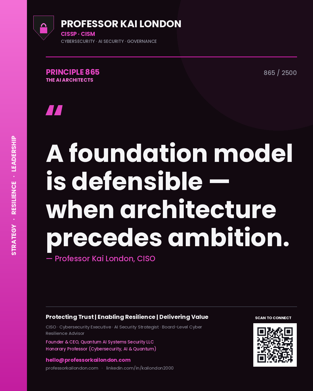 Quote card by Professor Kai London reading 'A foundation model is defensible — when architecture precedes ambition.'. From the book The AI Architects.