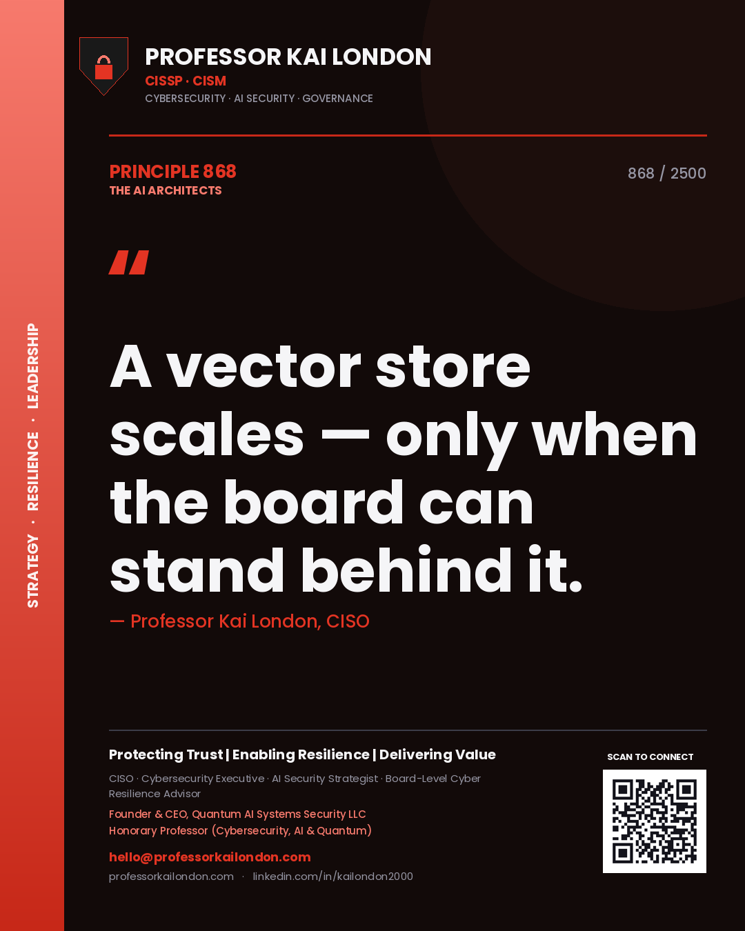 Quote card by Professor Kai London reading 'A vector store scales — only when the board can stand behind it.'. From the book The AI Architects.