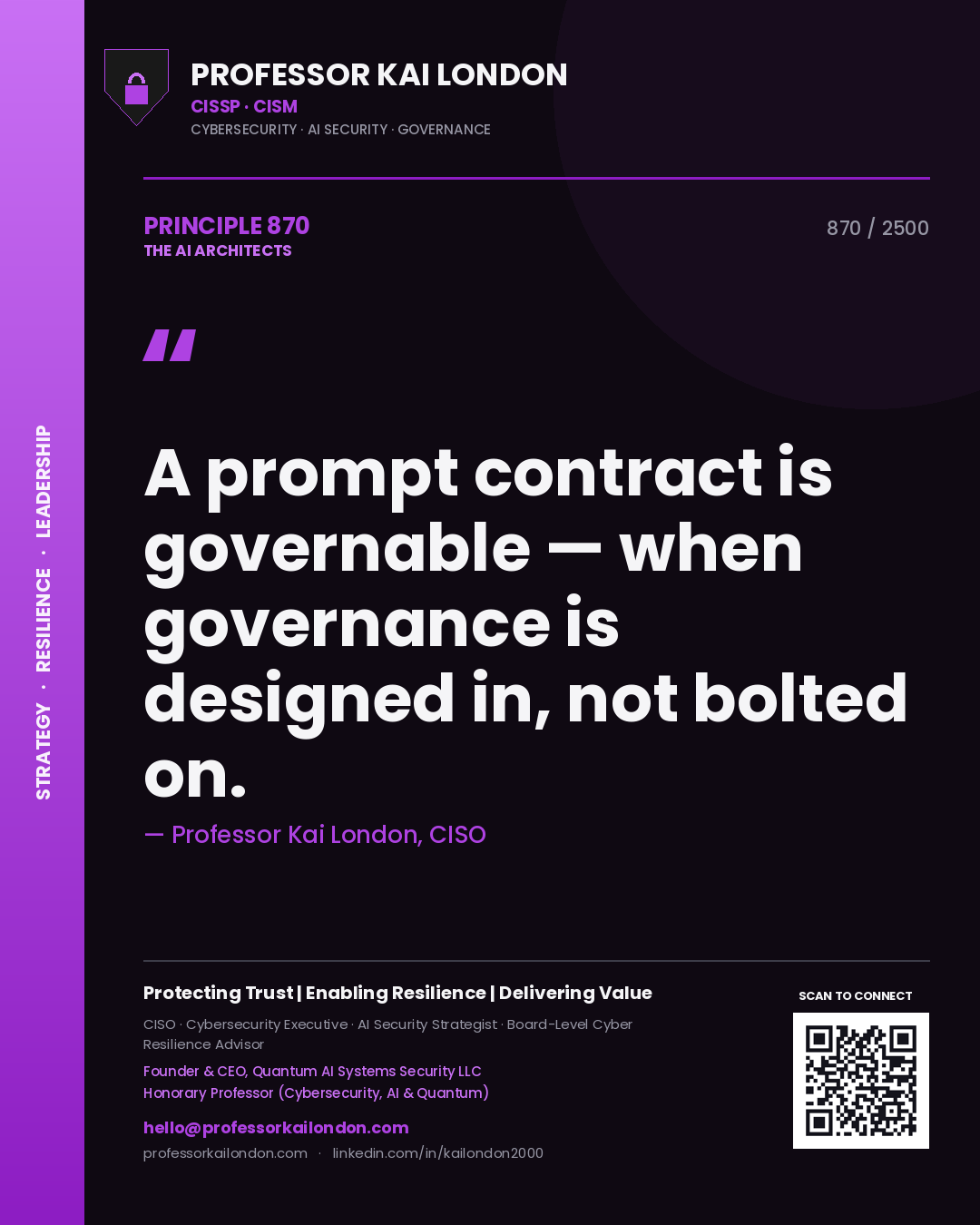 Quote card by Professor Kai London reading 'A prompt contract is governable — when governance is designed in, not bolted on.'. From the book The AI Architects.