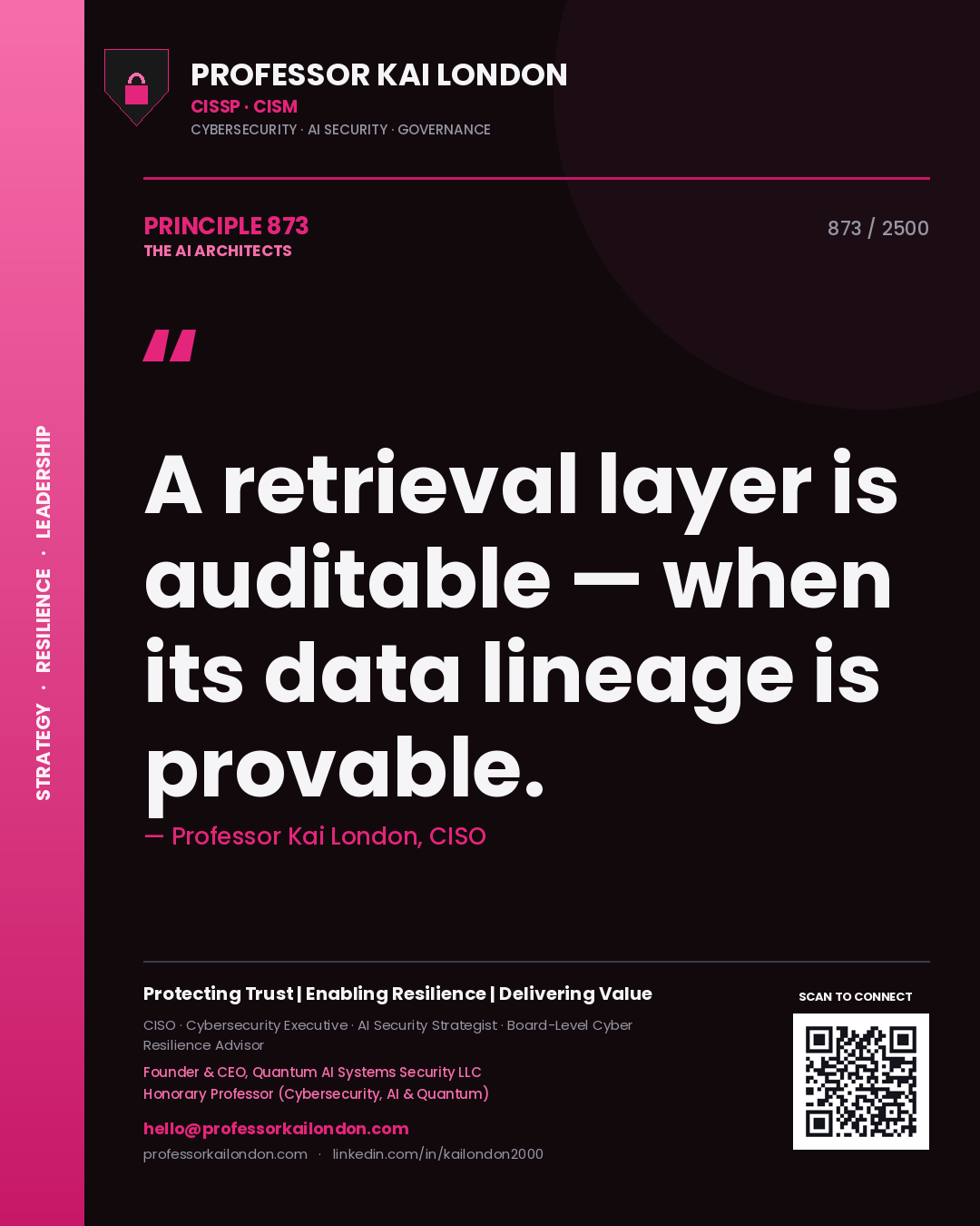 Quote card by Professor Kai London reading 'A retrieval layer is auditable — when its data lineage is provable.'. From the book The AI Architects.