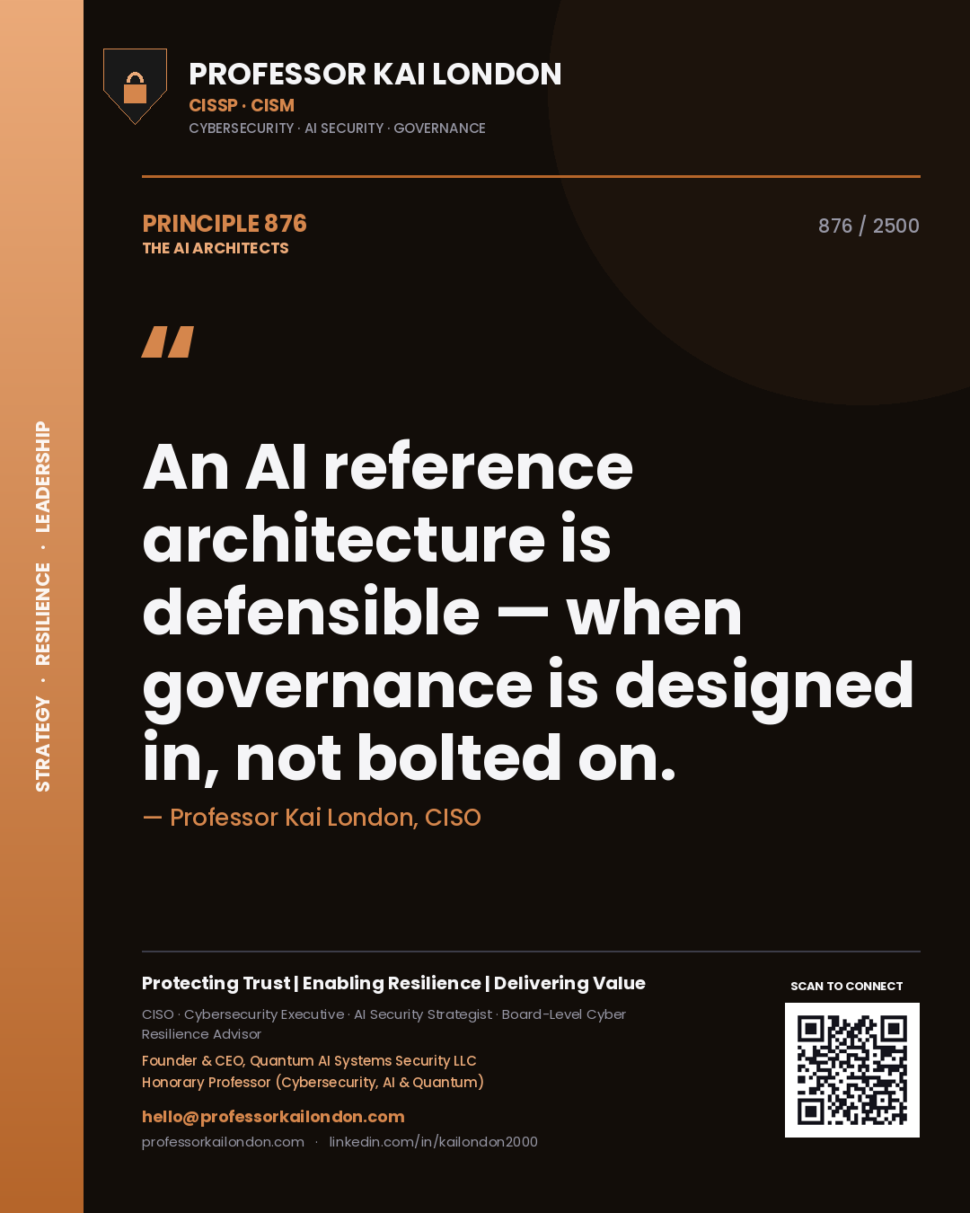 Quote card by Professor Kai London reading 'An AI reference architecture is defensible — when governance is designed in, not bolted on.'. From the book The AI Architects.