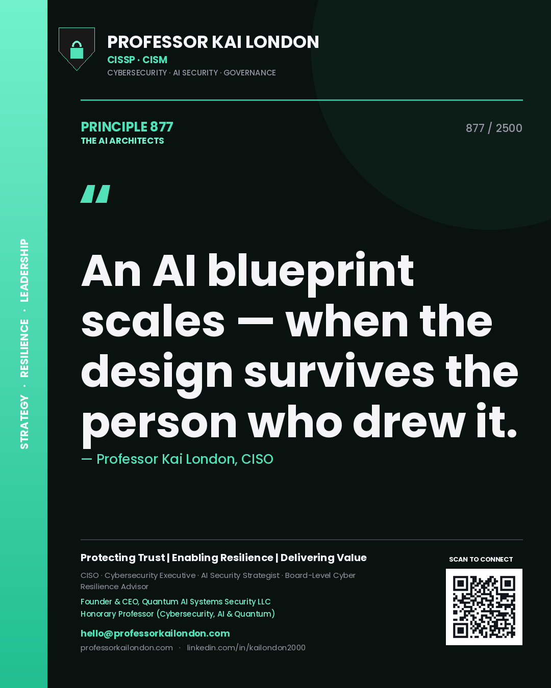 Quote card by Professor Kai London reading 'An AI blueprint scales — when the design survives the person who drew it.'. From the book The AI Architects.