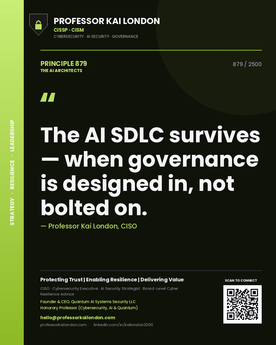 Quote card by Professor Kai London reading 'The AI SDLC survives — when governance is designed in, not bolted on.'. From the book The AI Architects.