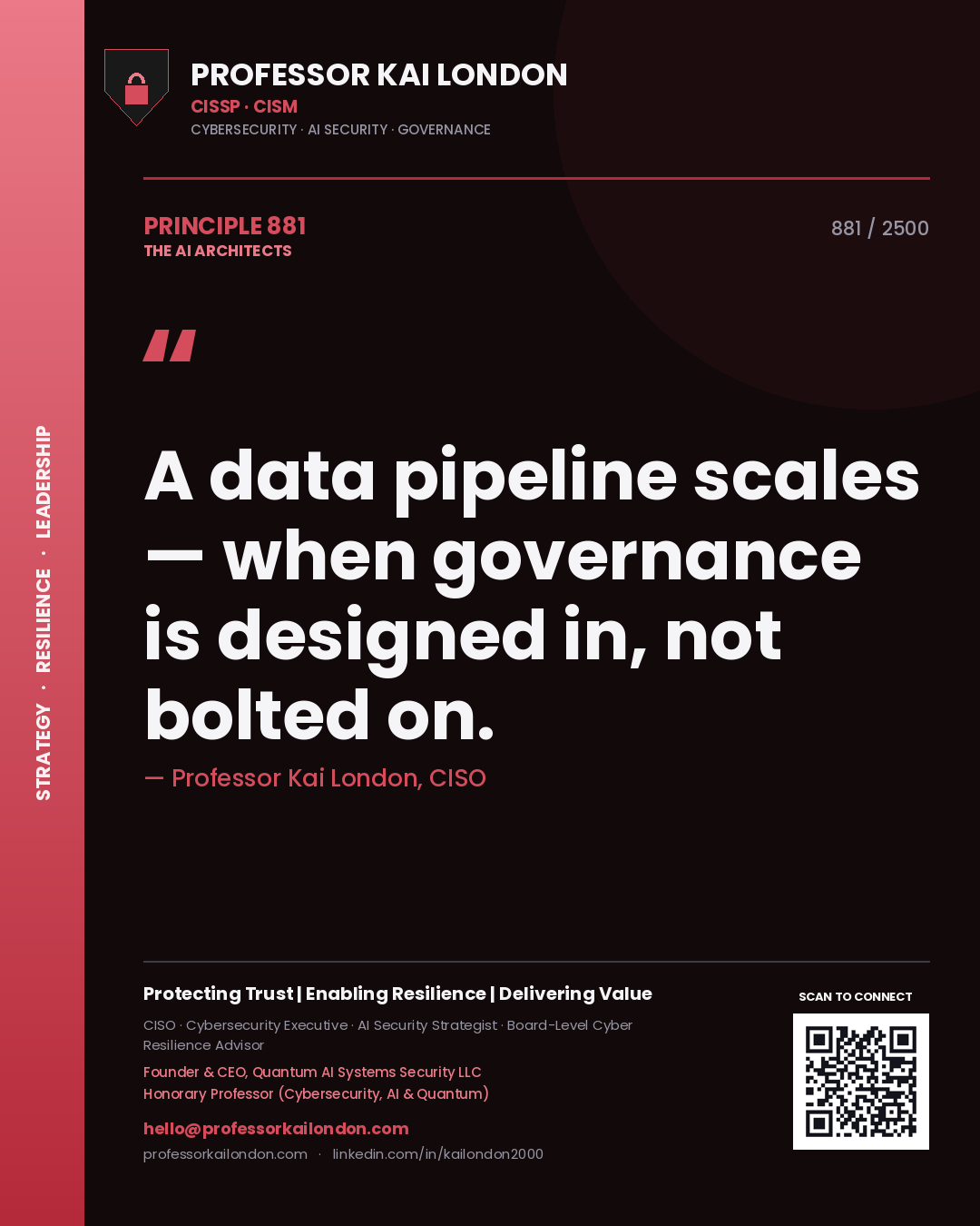 Quote card by Professor Kai London reading 'A data pipeline scales — when governance is designed in, not bolted on.'. From the book The AI Architects.