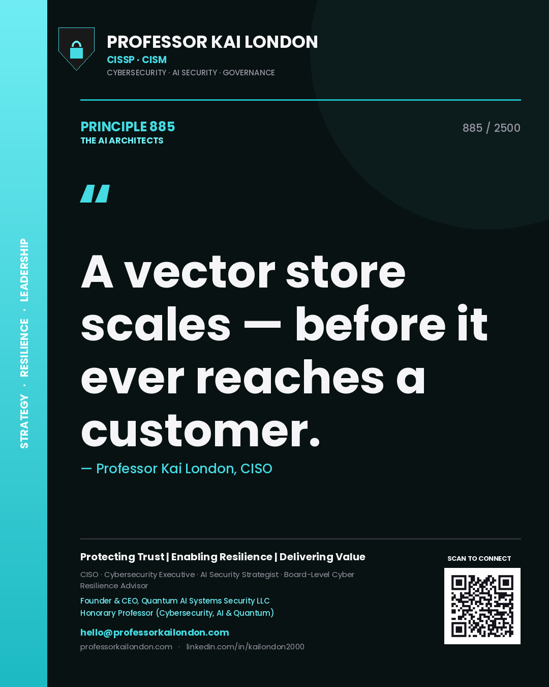 Quote card by Professor Kai London reading 'A vector store scales — before it ever reaches a customer.'. From the book The AI Architects.