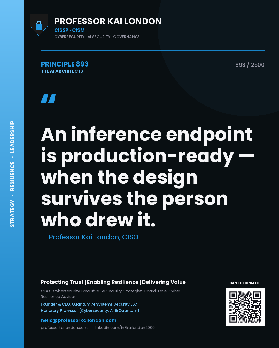 Quote card by Professor Kai London reading 'An inference endpoint is production-ready — when the design survives the person who drew it.'. From the book The AI Architects.