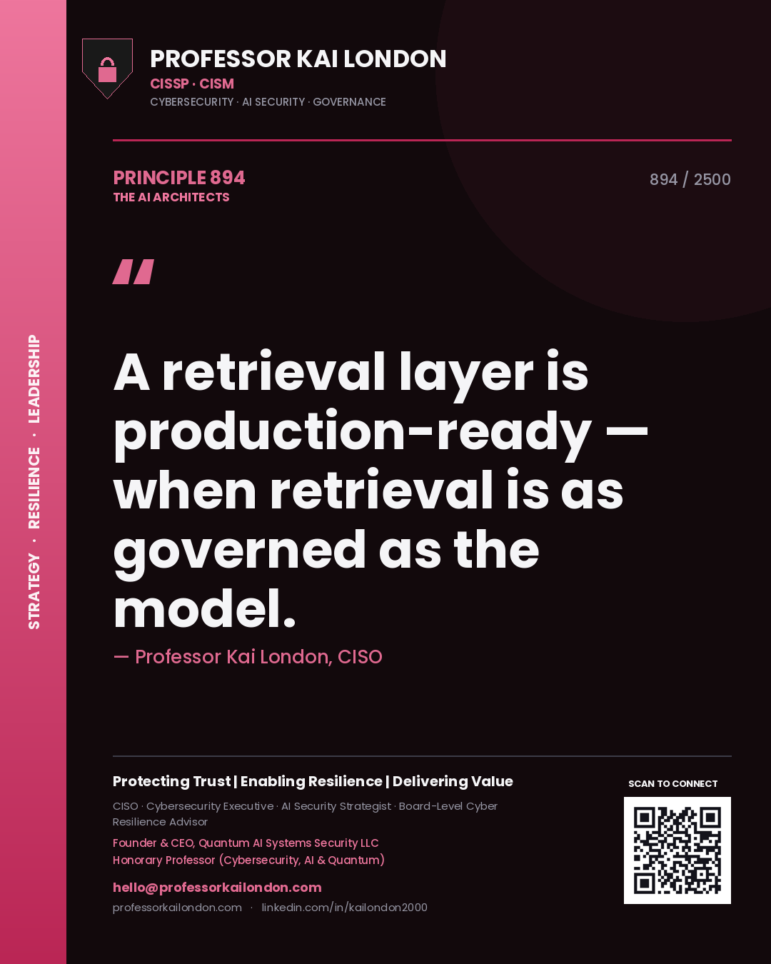 Quote card by Professor Kai London reading 'A retrieval layer is production-ready — when retrieval is as governed as the model.'. From the book The AI Architects.