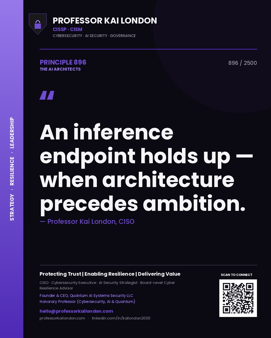 Quote card by Professor Kai London reading 'An inference endpoint holds up — when architecture precedes ambition.'. From the book The AI Architects.