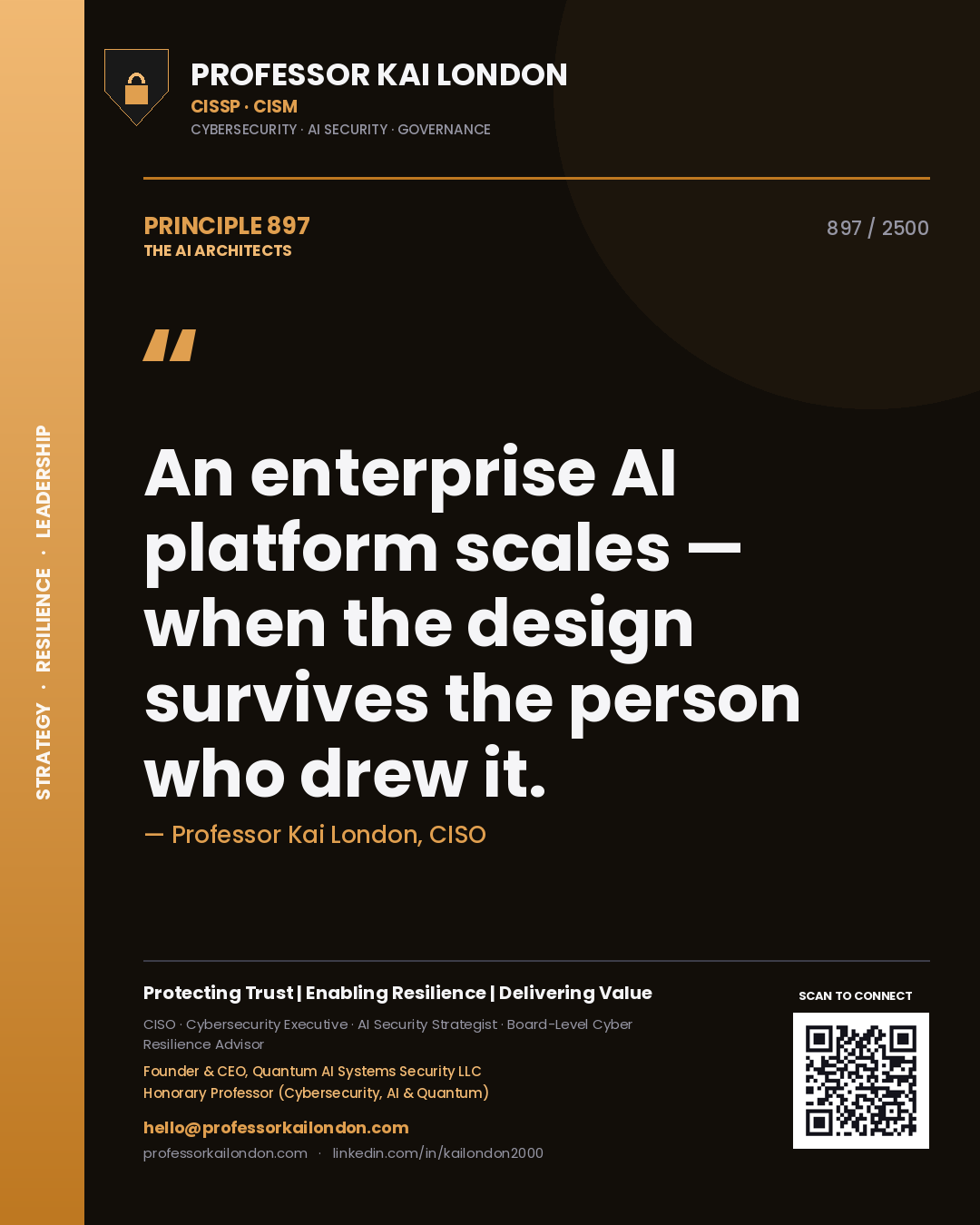 Quote card by Professor Kai London reading 'An enterprise AI platform scales — when the design survives the person who drew it.'. From the book The AI Architects.