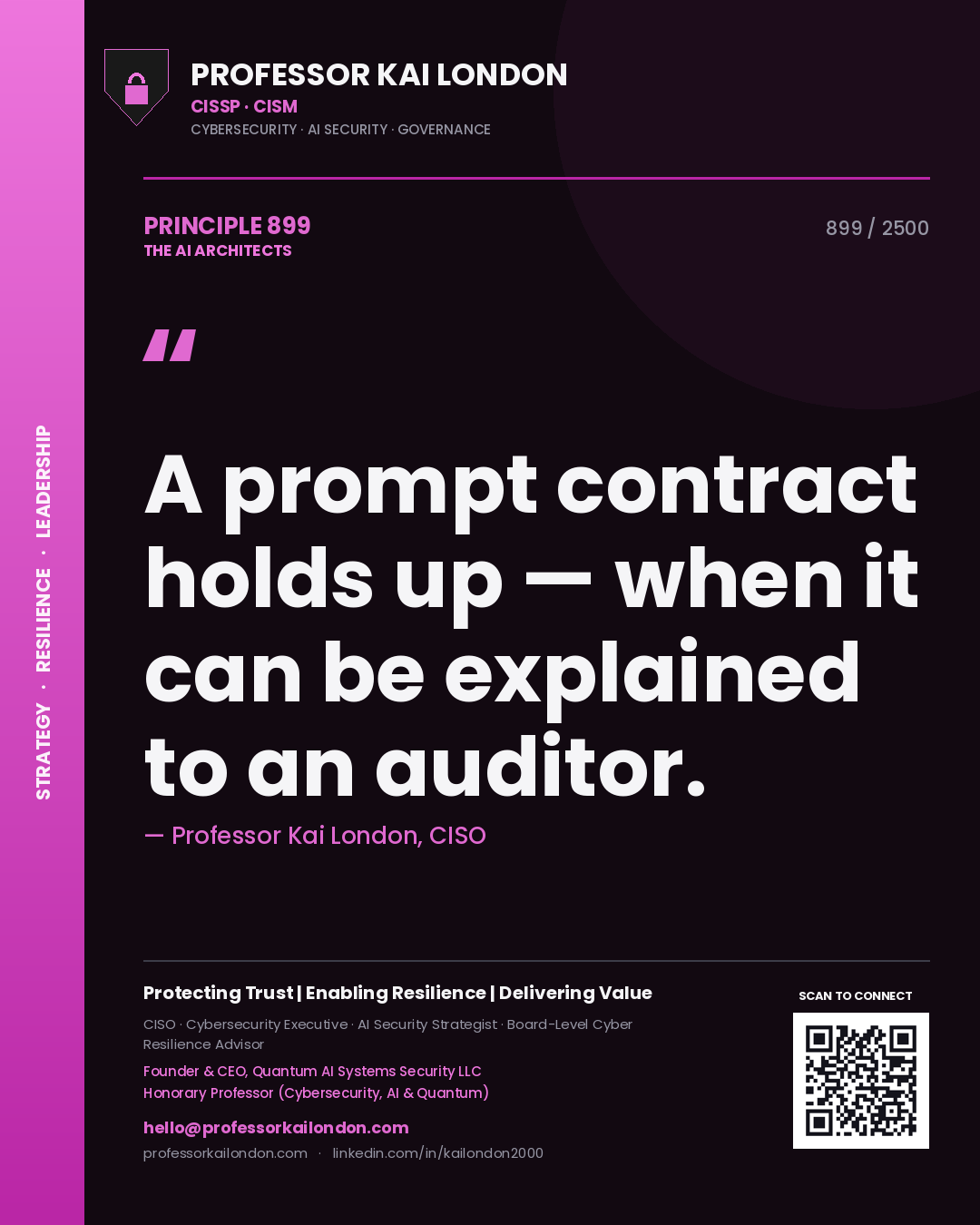 Quote card by Professor Kai London reading 'A prompt contract holds up — when it can be explained to an auditor.'. From the book The AI Architects.