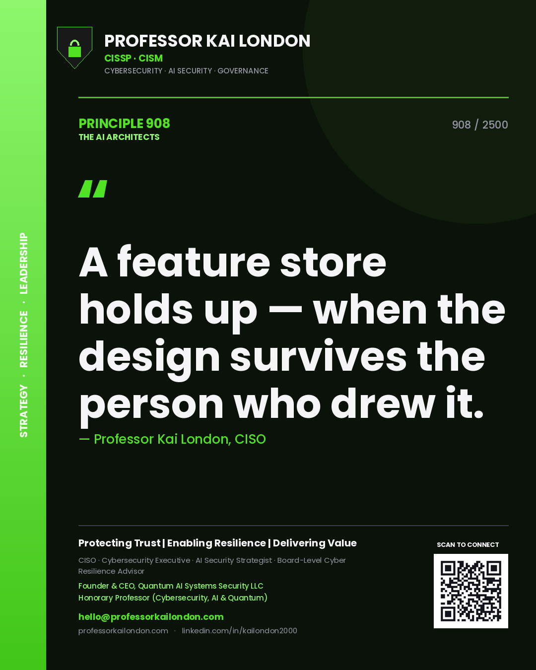 Quote card by Professor Kai London reading 'A feature store holds up — when the design survives the person who drew it.'. From the book The AI Architects.