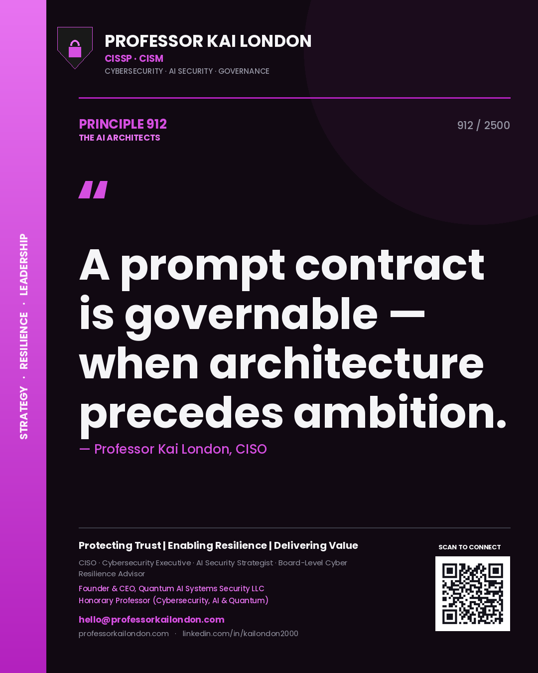 Quote card by Professor Kai London reading 'A prompt contract is governable — when architecture precedes ambition.'. From the book The AI Architects.