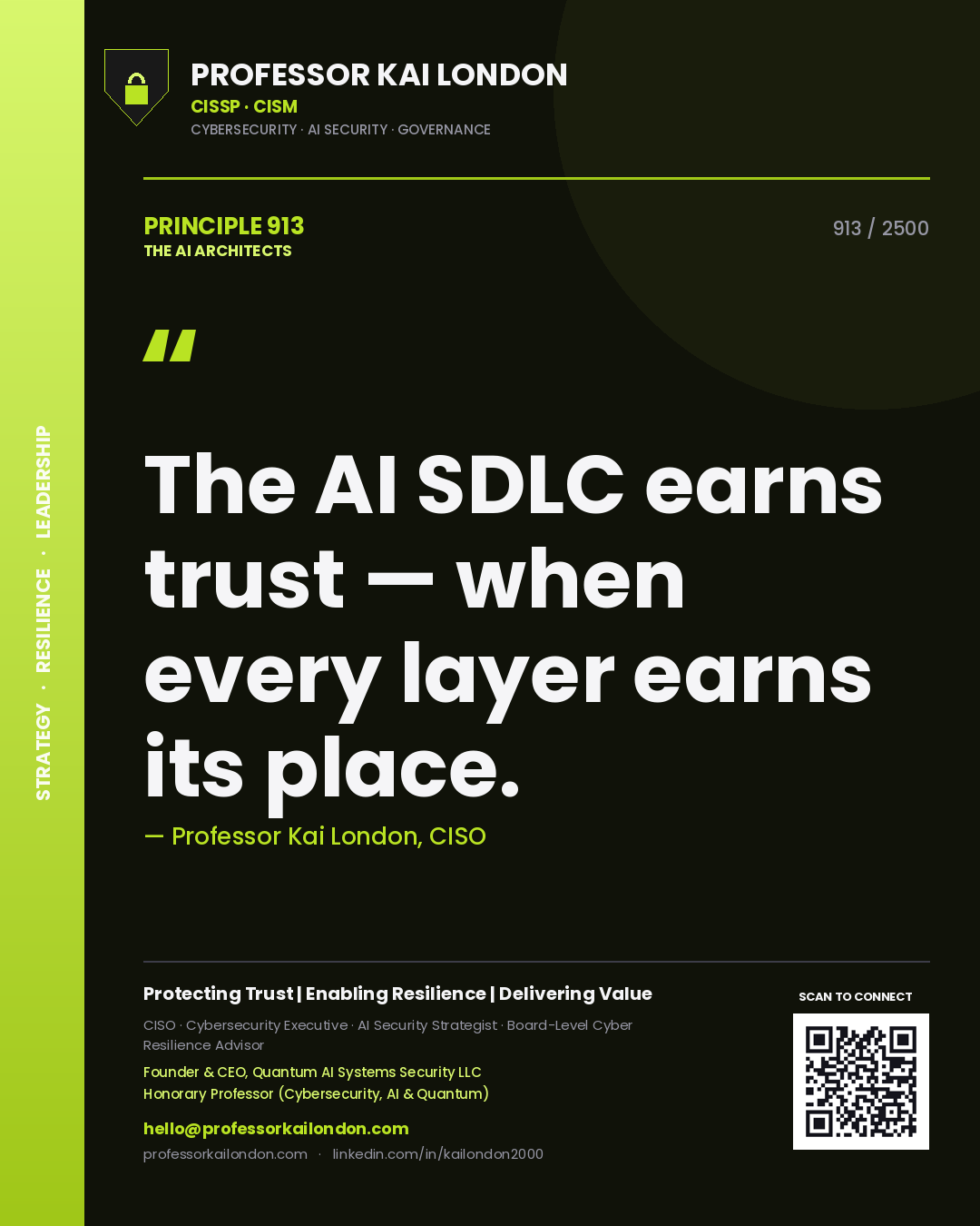 Quote card by Professor Kai London reading 'The AI SDLC earns trust — when every layer earns its place.'. From the book The AI Architects.