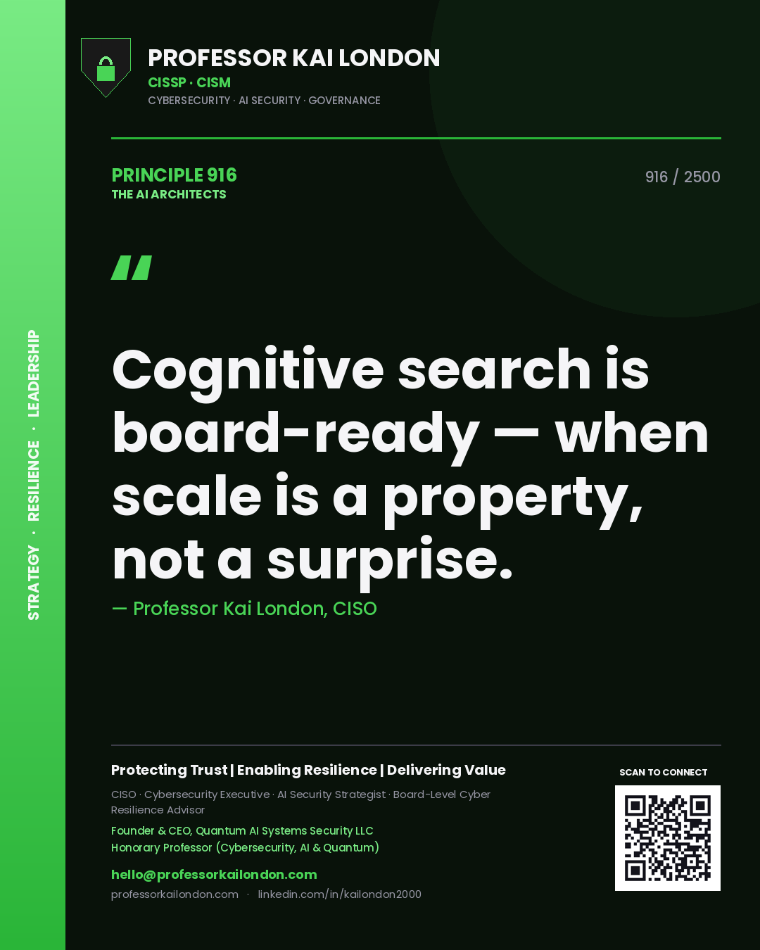 Quote card by Professor Kai London reading 'Cognitive search is board-ready — when scale is a property, not a surprise.'. From the book The AI Architects.