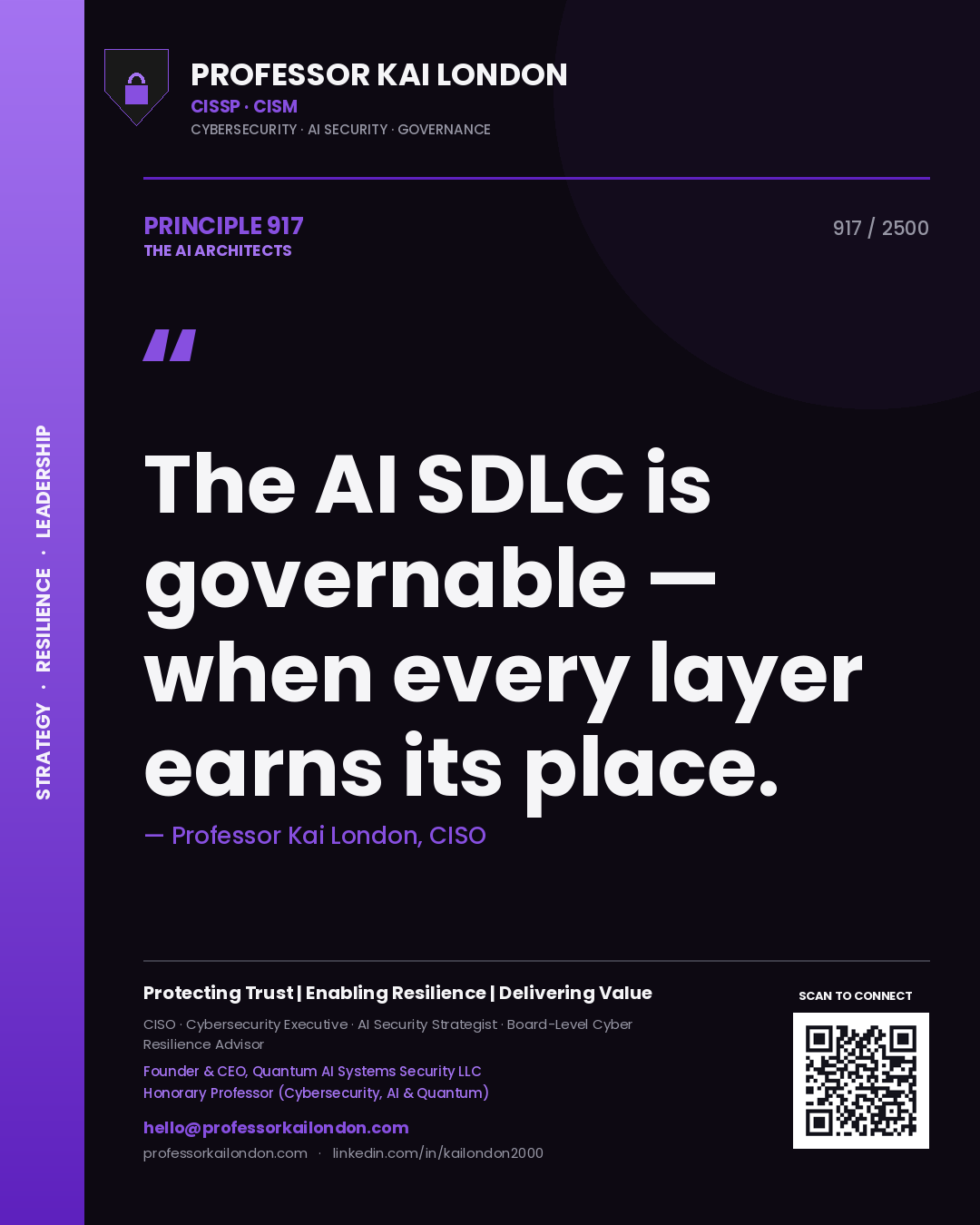 Quote card by Professor Kai London reading 'The AI SDLC is governable — when every layer earns its place.'. From the book The AI Architects.