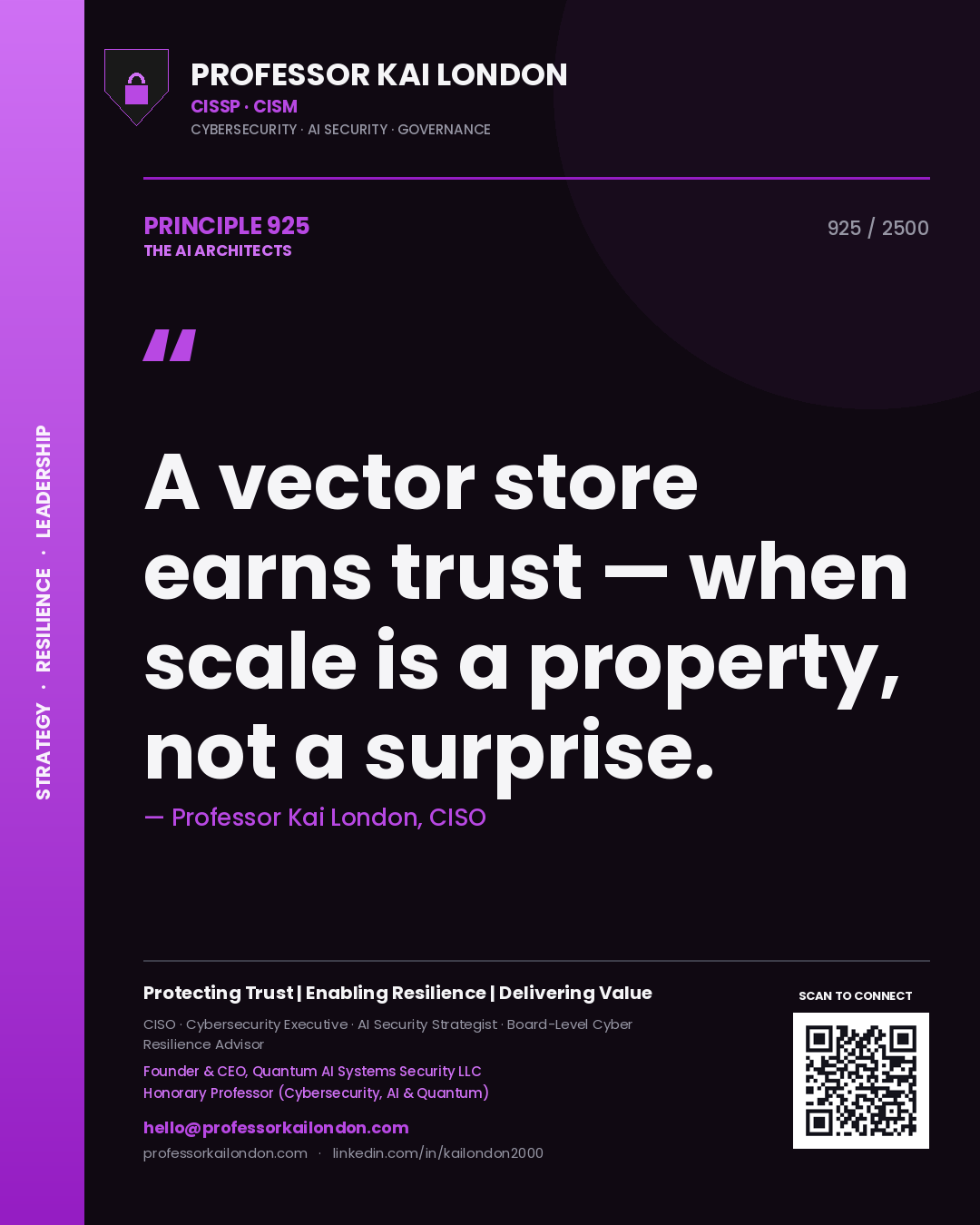 Quote card by Professor Kai London reading 'A vector store earns trust — when scale is a property, not a surprise.'. From the book The AI Architects.