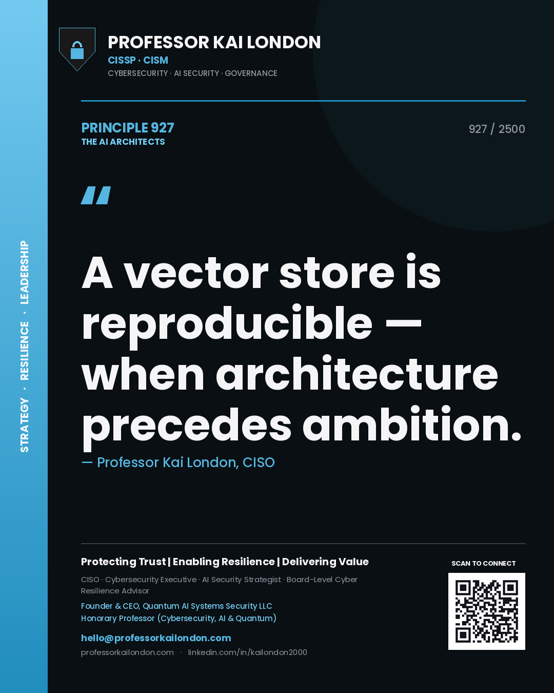 Quote card by Professor Kai London reading 'A vector store is reproducible — when architecture precedes ambition.'. From the book The AI Architects.