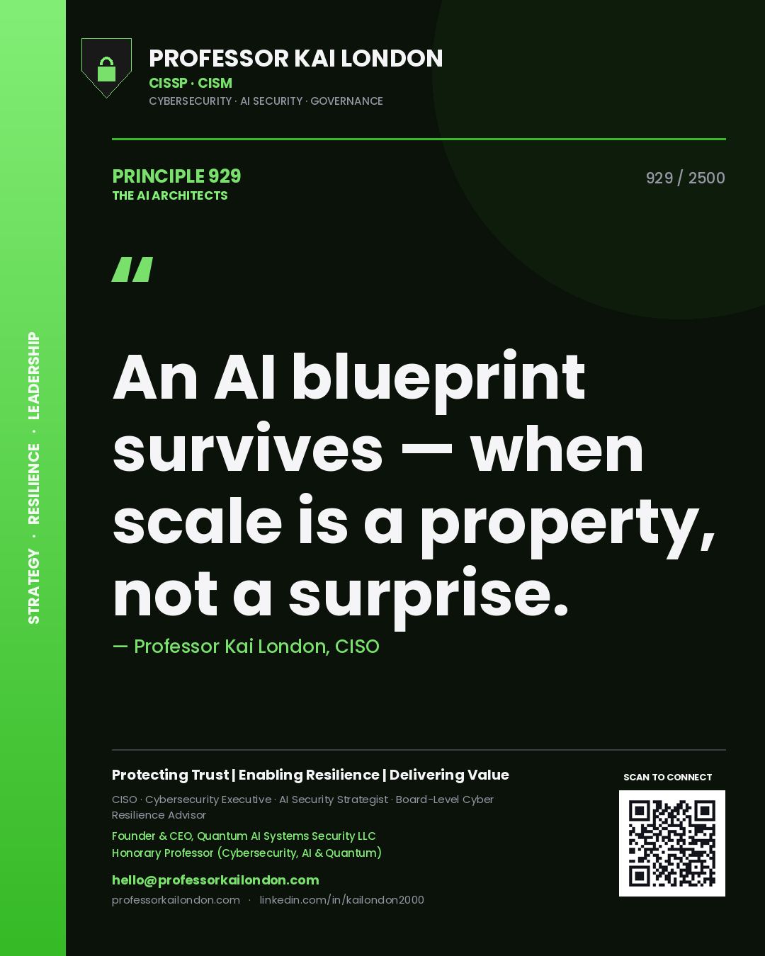 Quote card by Professor Kai London reading 'An AI blueprint survives — when scale is a property, not a surprise.'. From the book The AI Architects.