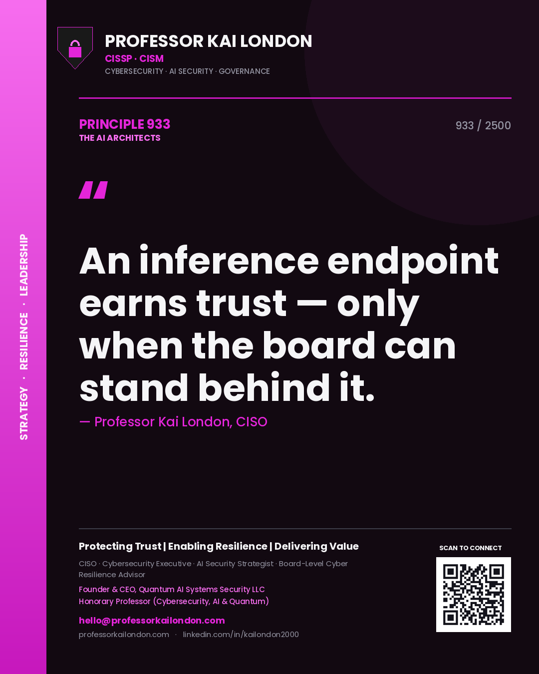 Quote card by Professor Kai London reading 'An inference endpoint earns trust — only when the board can stand behind it.'. From the book The AI Architects.
