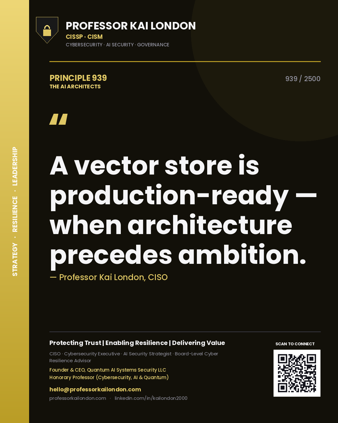 Quote card by Professor Kai London reading 'A vector store is production-ready — when architecture precedes ambition.'. From the book The AI Architects.