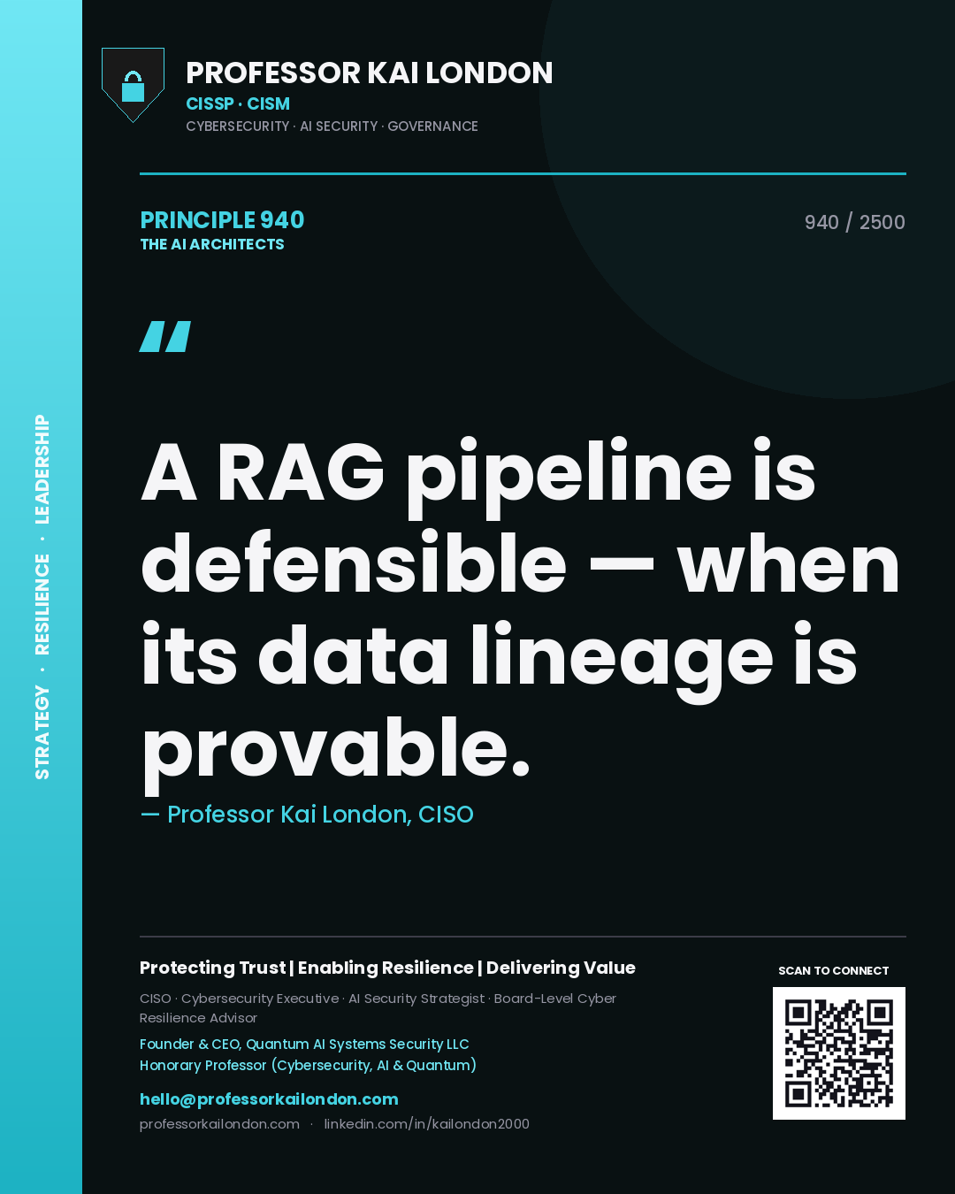 Quote card by Professor Kai London reading 'A RAG pipeline is defensible — when its data lineage is provable.'. From the book The AI Architects.