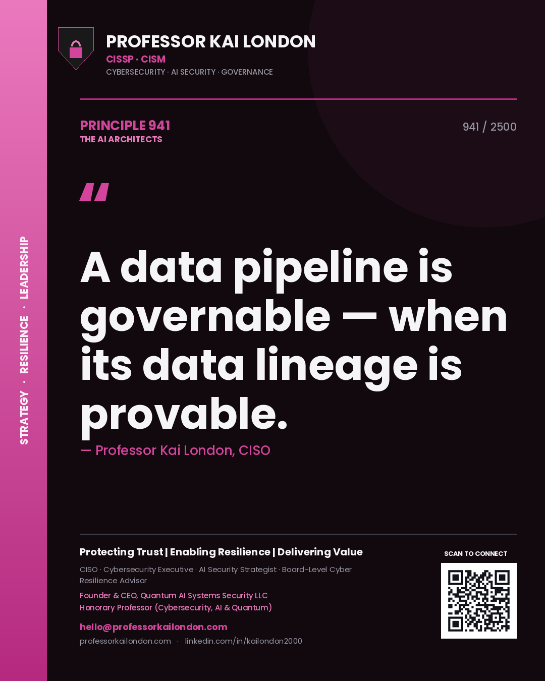 Quote card by Professor Kai London reading 'A data pipeline is governable — when its data lineage is provable.'. From the book The AI Architects.