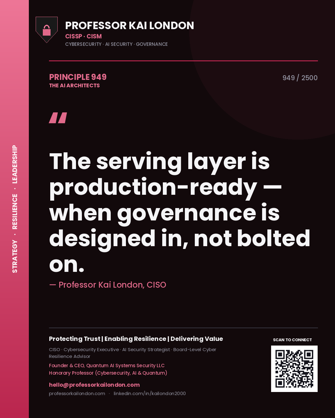 Quote card by Professor Kai London reading 'The serving layer is production-ready — when governance is designed in, not bolted on.'. From the book The AI Architects.