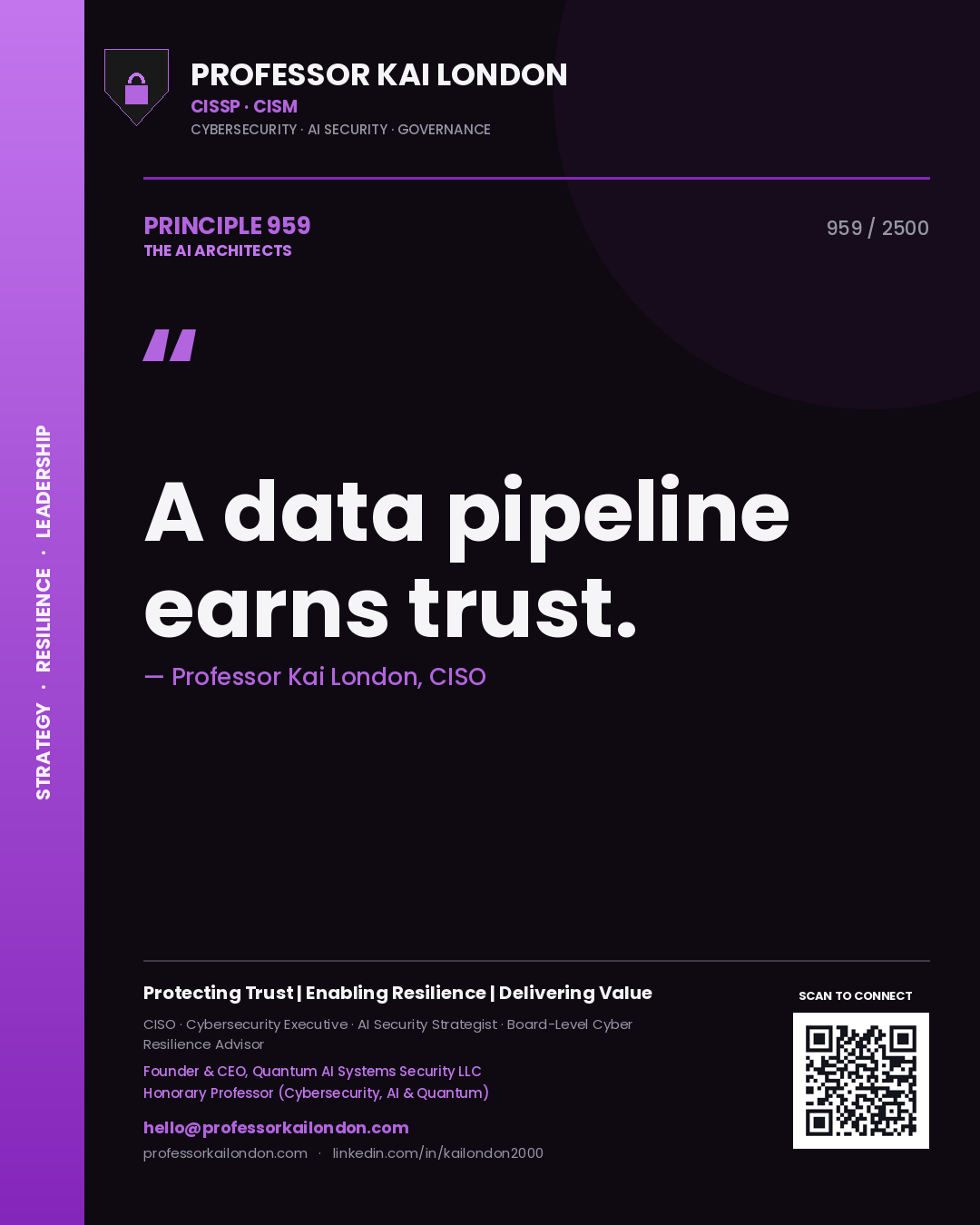 Quote card by Professor Kai London reading 'A data pipeline earns trust.'. From the book The AI Architects.