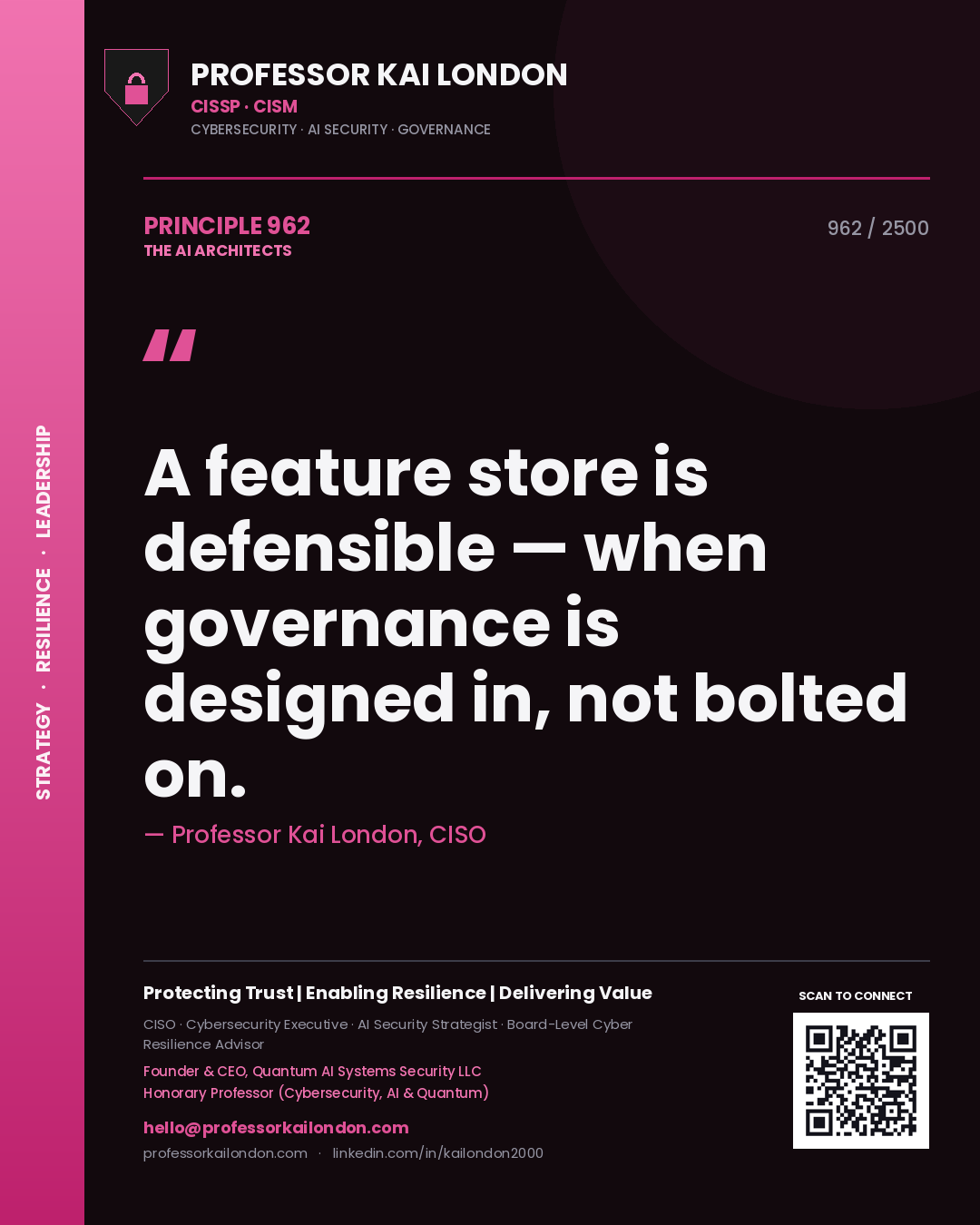 Quote card by Professor Kai London reading 'A feature store is defensible — when governance is designed in, not bolted on.'. From the book The AI Architects.