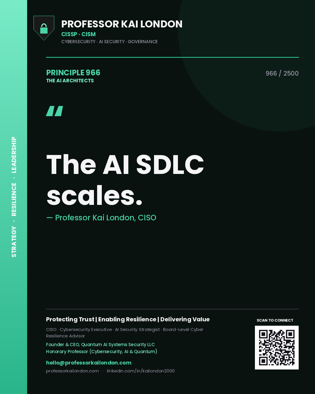 Quote card by Professor Kai London reading 'The AI SDLC scales.'. From the book The AI Architects.