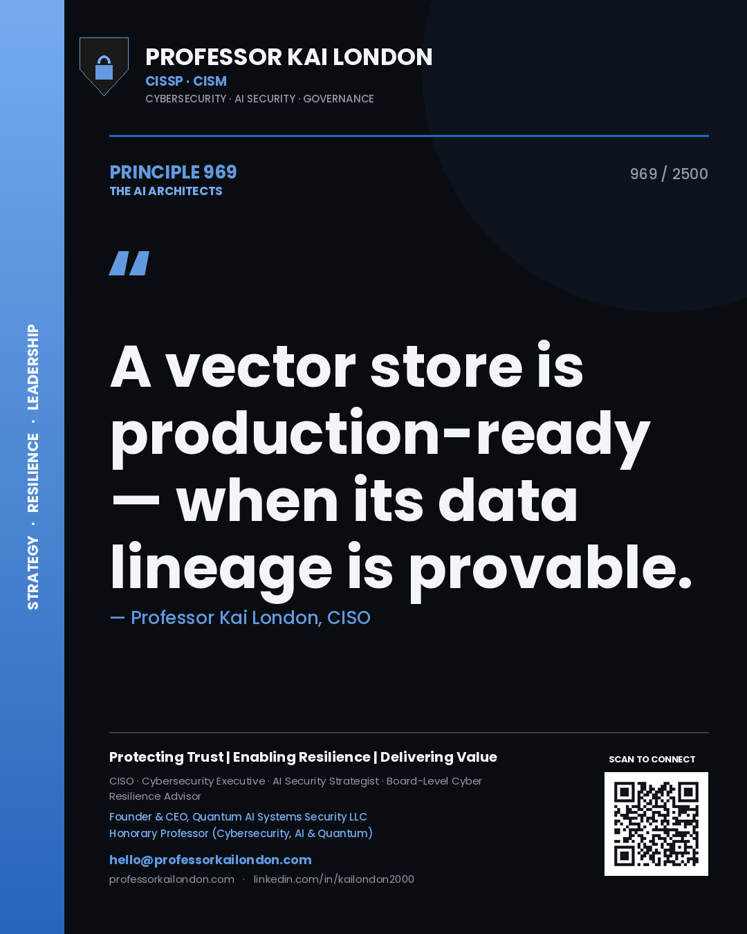 Quote card by Professor Kai London reading 'A vector store is production-ready — when its data lineage is provable.'. From the book The AI Architects.