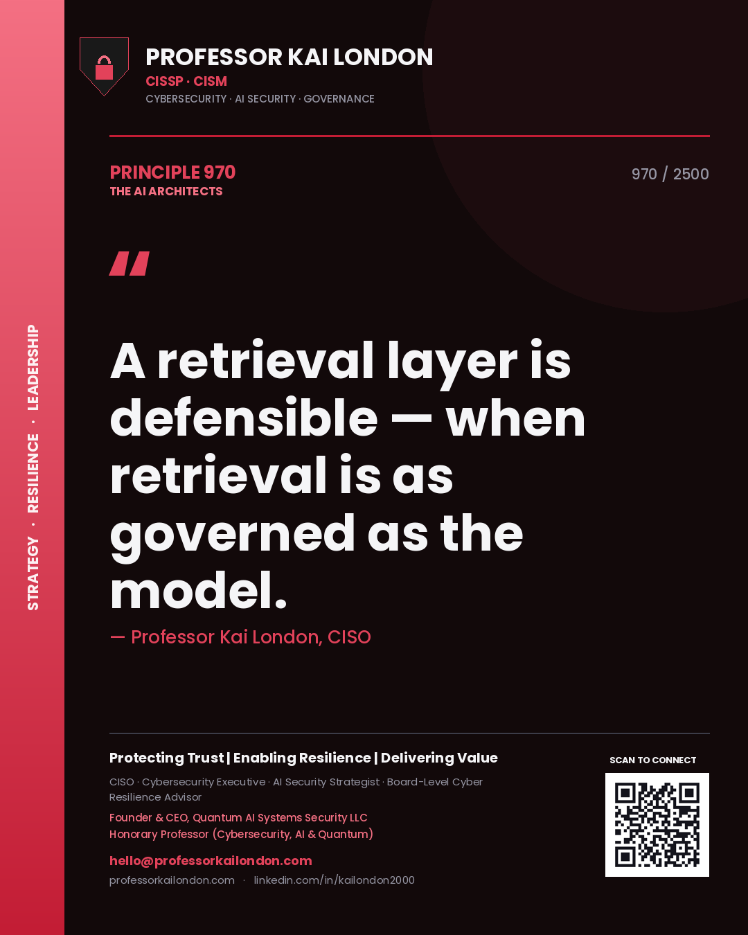 Quote card by Professor Kai London reading 'A retrieval layer is defensible — when retrieval is as governed as the model.'. From the book The AI Architects.