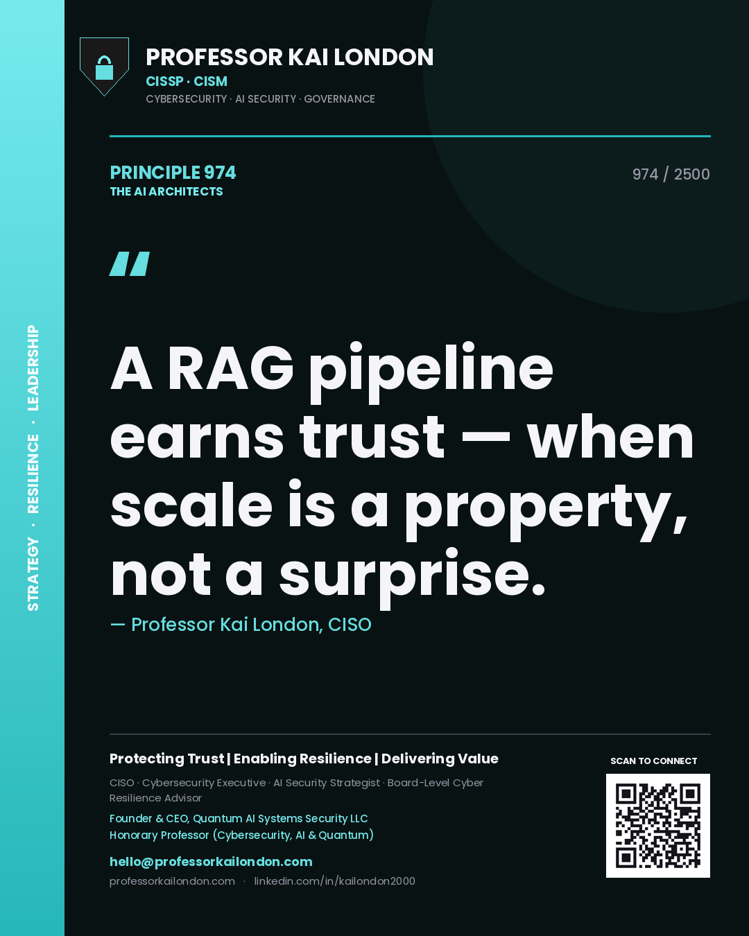 Quote card by Professor Kai London reading 'A RAG pipeline earns trust — when scale is a property, not a surprise.'. From the book The AI Architects.