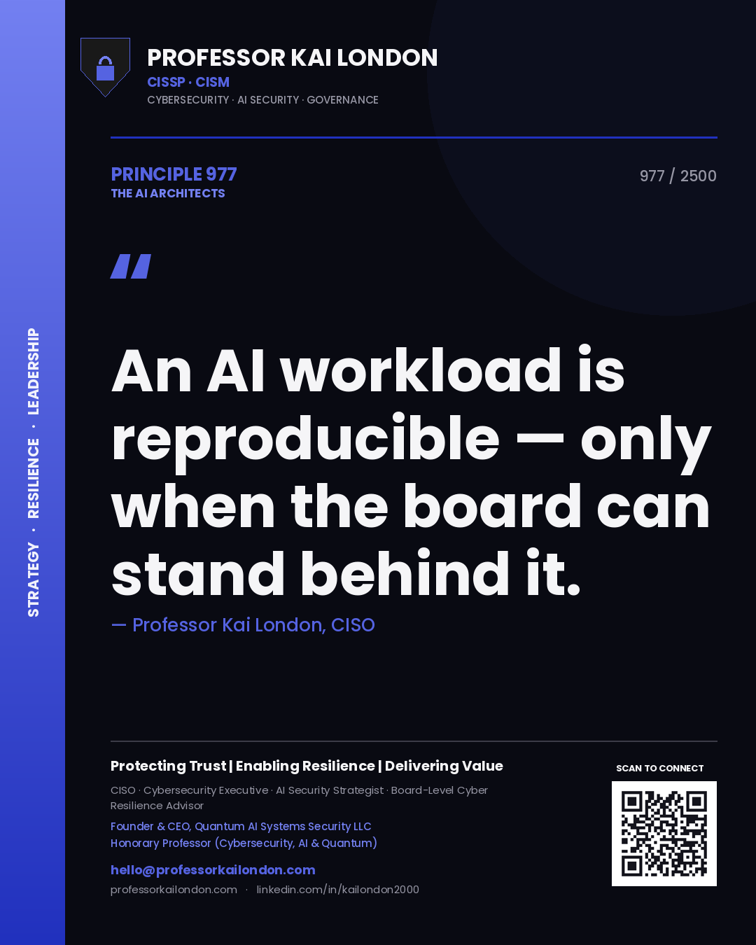 Quote card by Professor Kai London reading 'An AI workload is reproducible — only when the board can stand behind it.'. From the book The AI Architects.